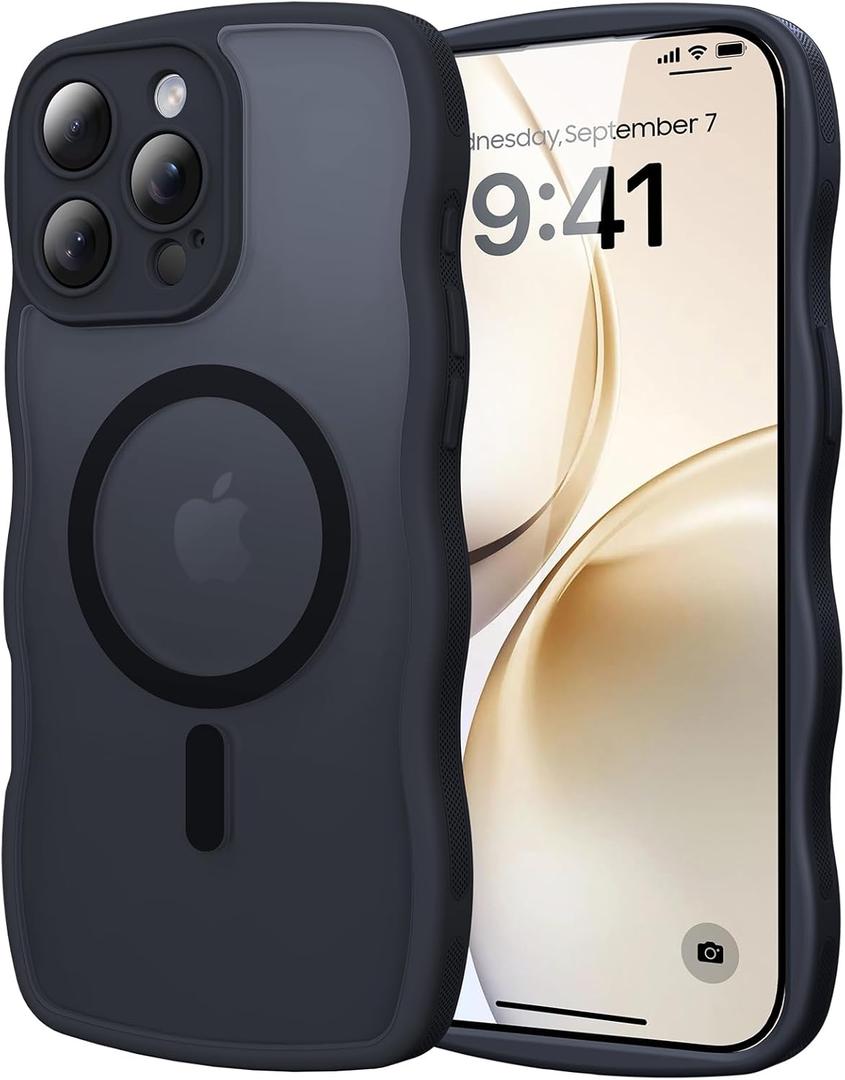 for iPhone 16 Pro Max Case with MagSafe, Upgraded [Full Camera Protection] [Fit for MagSafe] [Mil-Grade Drop] Cute Wave Translucent Non-Slip Phone Case for iPhone 16 Pro Max 6.9",Black