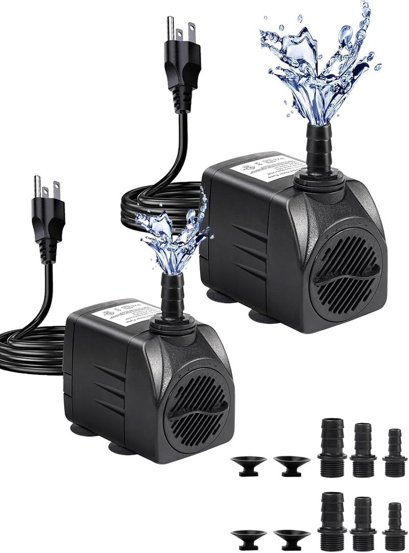 Fountain Pump, 400GPH Submersible Water Pump Outdoor, Ultra Quiet Water Fountain Pump With 6.5FT High Lift, 3 Nozzles for Fish Tank, Aquarium, Pond Waterfall, Hydroponics, 2 Pack