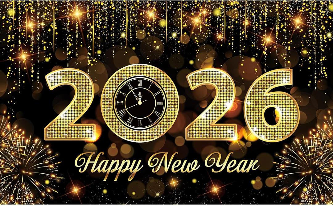Happy New Year 2026 Banner Backdrop, Golden New Year Eve Large Banner Party Decorations Supplies | New Years Eve Party Supplies 2026 | Holiday Sign Poster Background Decor (Black-1)
