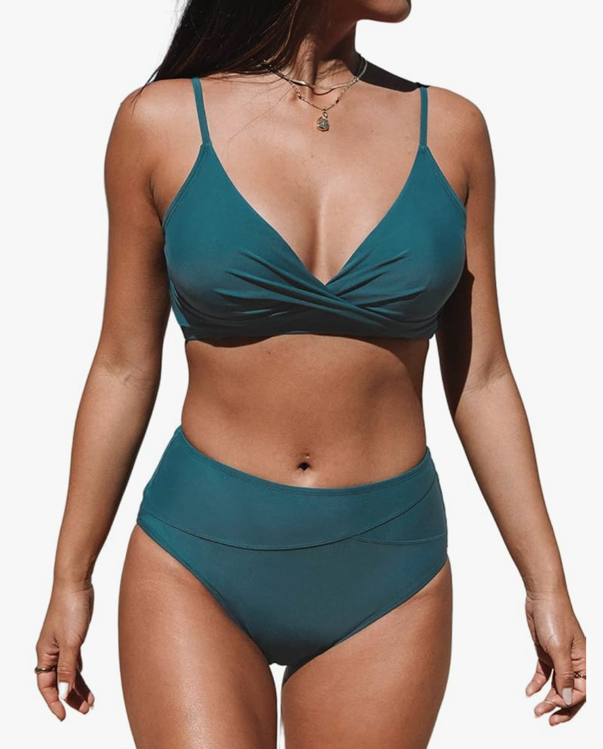 Women's Bikini Sets Two Piece Swimsuit High Waisted V Neck Twist Front Adjustable Spaghetti Straps Bathing Suit, Size L