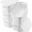 Plastic Storage Bins with Lids 6 Packs,Stackable Bins Basket Pantry Decorative Containers with for Organizing Shelves Drawers Desktop Closet Playroom Classroom Office,White (White-Plastic Lids)