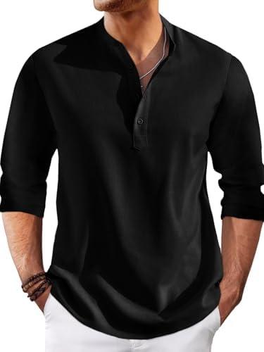 Runcati Mens Linen Henley Shirts Casual Lightweight 3/4 Sleeve T-Shirt Summer Beach Yoga Hippie Tops, L