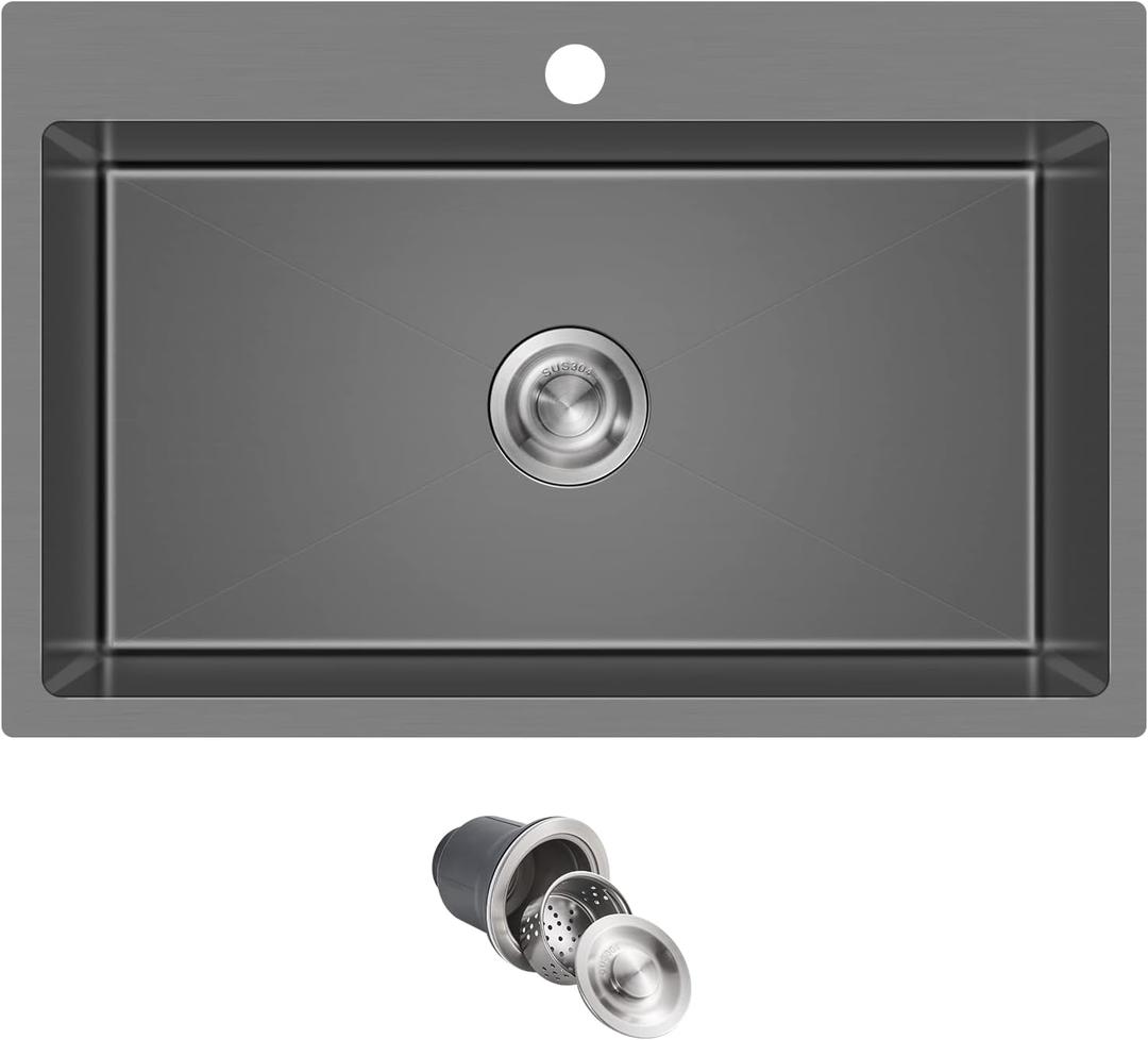 MENATT 28-inch Drop in Kitchen Sink, SUS304 Stainless Steel Single Faucet Hole Single Bowl Topmount Kitchen Sinks (Black), D28" x W18" x H9"