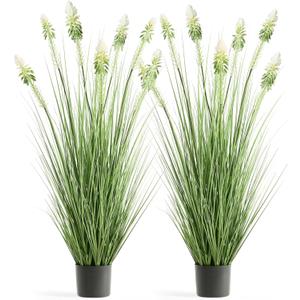 FloraFairy 4ft 2-Pack Horsetail Reed Grass with White Cockscomb Flower, 48in Tall Indoor Outdoor Green Onions Fake Plants in Pot, Home Office Decorative Artificial Plant & Greenery, Wedding Decor