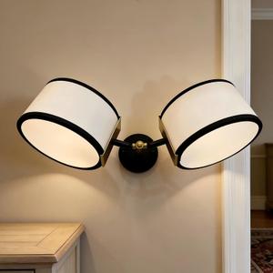 Farmhouse Black Double Linen Wall Sconce, Industrial Bedside Wall Sconce | Rotatable Linen Shade Reading Light for Bedroom, Living Room, Hallway, 20" W x 11.25" D x 5.5" H