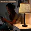 Oneach 19.5" Small Table Lamp with USB A+C Charging Ports, Black Modern Rustic Bedside Lamp with Natural Shade, Black Metal Pull Chain Desk Lamps for Living Room, Bedroom, Nightstand