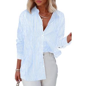 Diosun Women's Striped Button Down Shirts Classic Long Sleeve Stylish Collared Office Work Blouses Tops (X-Small, Light Blue)