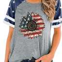 Patriotic Shirts for Women 4th of July T Shirts American Flag Graphic Tees Tops Raglan Short Sleeve Fourth of July Outfits (Medium, Grey Sunflower)