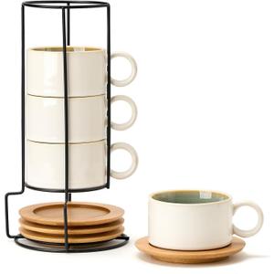 LUKA 6 Ounce Porcelain Stackable Espresso Cups with Saucers and Metal Stand Set of 4, Ceramic Cappuccino Cups Set for Specialty Coffee Drinks, Latte, Cafe Mocha and Tea, White Green Interior