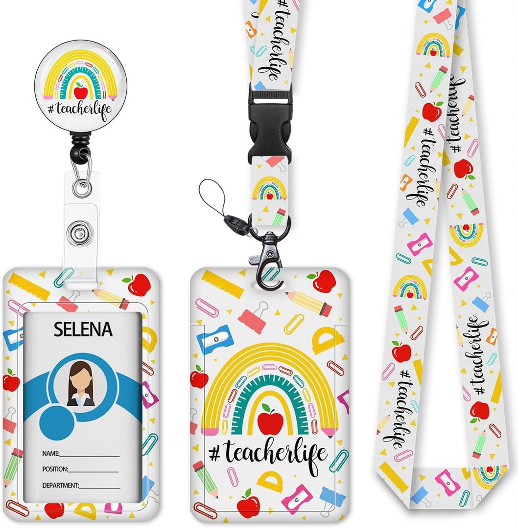 Rainbow Teacher Badge Holder with Retractable Lanyard, Lanyards for ID Badges Name Tags Vertical Card Holder, Breakaway Lanyard Badge Reel Retractable, Teacher Nurse Workers Women Office Gifts