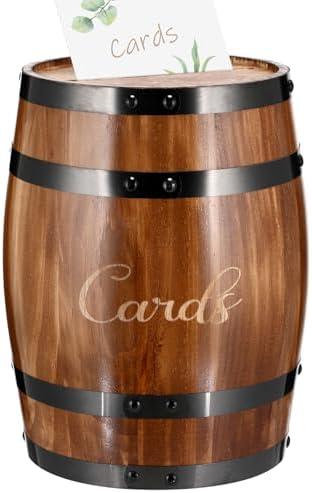 Menkxi Wedding Oak Whiskey Barrel Card Box with Slot Gift Card Box Holder Wine Barrel Card Holder Table Decorations for Reception Wedding Ceremony Money Envelopes Gift Cards (Light Brown)