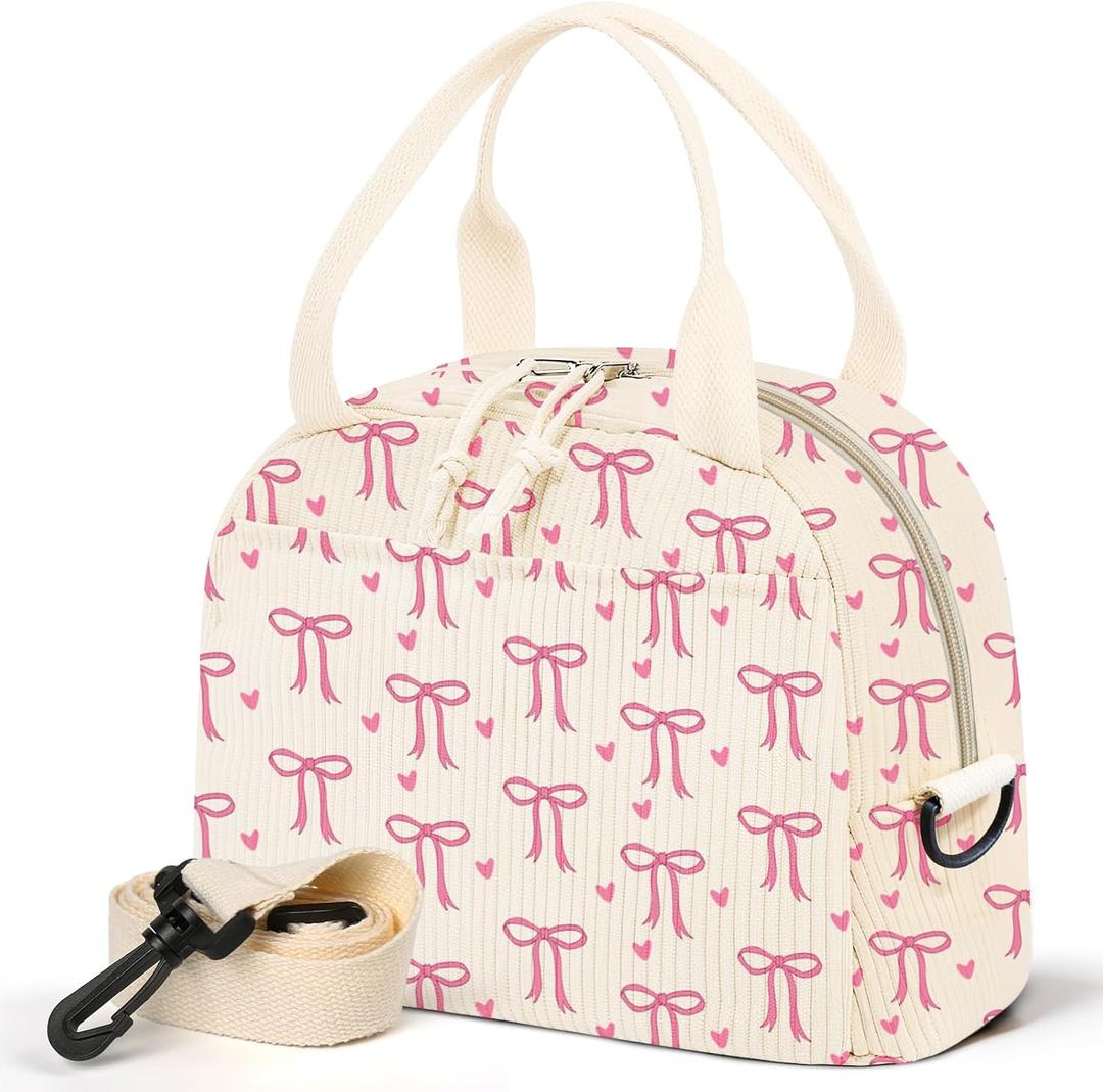 Lunch Box for Women,Lunch Bag Cute Corduroy Insulated Lunch Box With Shoulder Strap for Adult Womens for Work Picnic (pink bow heart)