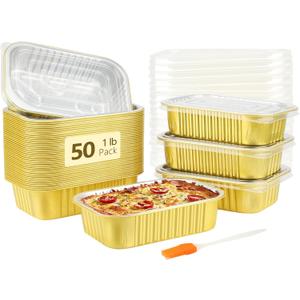 LNYZQUS 1lb Small Foil Pans With PP Lids 50 Pack, 16oz Heavy Duty Aluminum Leftover Containers Holders,Disposable Baking Tins To Go Containers For Cooking Heating Storing Meal Prep