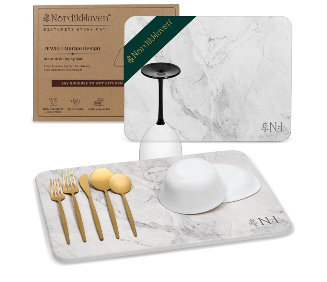 Stone Drying Mat for Kitchen Counter - Replaces Kitchen Towel, Premium Diatomaceous Earth, Ultra Absorbent, Quick Drying Stone Mat, Elegant Marble Design, Non-Slip, 15.8" x 11.8", JEWEL