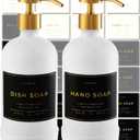 Hand and Dish Soap Dispenser for Kitchen and Bathroom, Set of 2 16 Oz Glass Bottles, Stainless Steel Pumps, Non-Slip Silicone Base, 27 Waterproof Labels (Matte White Bottle/Brushed Gold Pump)