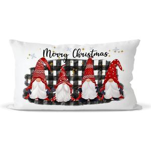 Merry Christmas Santa Gnomes Black And White Buffalo Plaid Throw Pillow Covers,Home Bedroom Living Room Girls Room Decor Christmas Winter Holiday Pillow Case,Christmas Xmas Gift,12x20 Inch Pillowcase