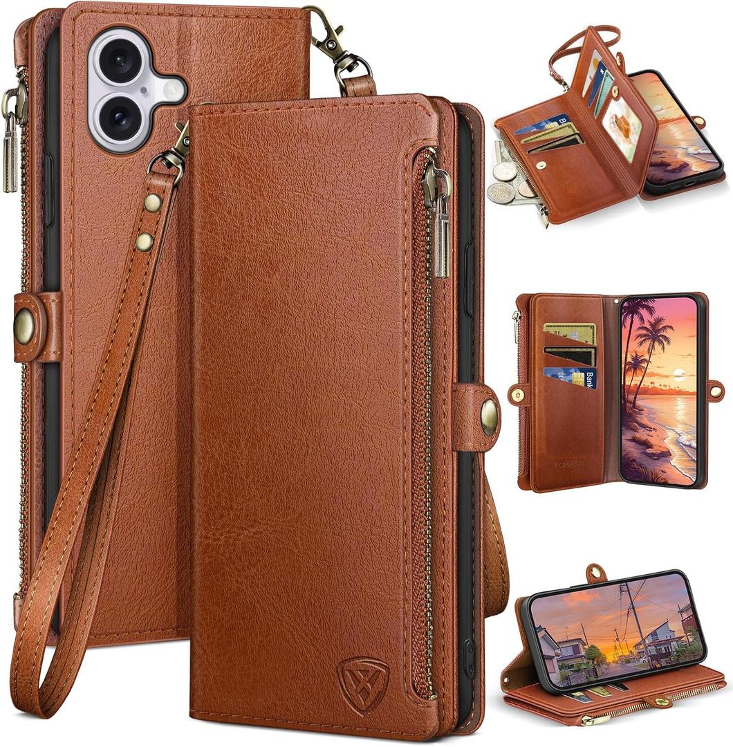 XcaseBar Compatible with iPhone 17 6.3" Wallet case with Zipper Credit Card HolderRFID Blocking,Flip Folio Book PU Leather Phone case Shockproof Cover Women Men for Apple 17 case Light Brown