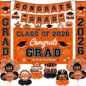 Graduation Decorations 2026 Orange Graduation Party Decor Set include Congrats Grad Banner Backdrop Class of 2026 Balloons Party Supplies