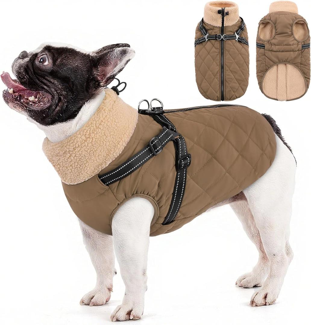 Queenmore Dog Jackets for Medium Dogs, Dog Coat with Harness Built in, Waterproof Pet Winter Coat with Zipper On Back Doggy Snowsuits Warm Soft Pet Jacket for French Bulldog, Poodle, Corgi, Brown M