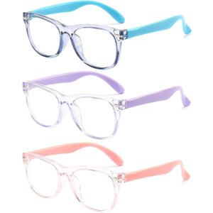 FANNYGO 3 Pack kids Blue Light Blocking Glasses for girls boys Computer Blue Light Blocking Glasses For Age 3-9 (Light blue + Light purple + Light Pink)