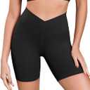 ODODOS Women's Cross Waist Yoga Shorts, 6" Buttery Soft Crossover High Waist Lounge Biker Shorts (Black, M)