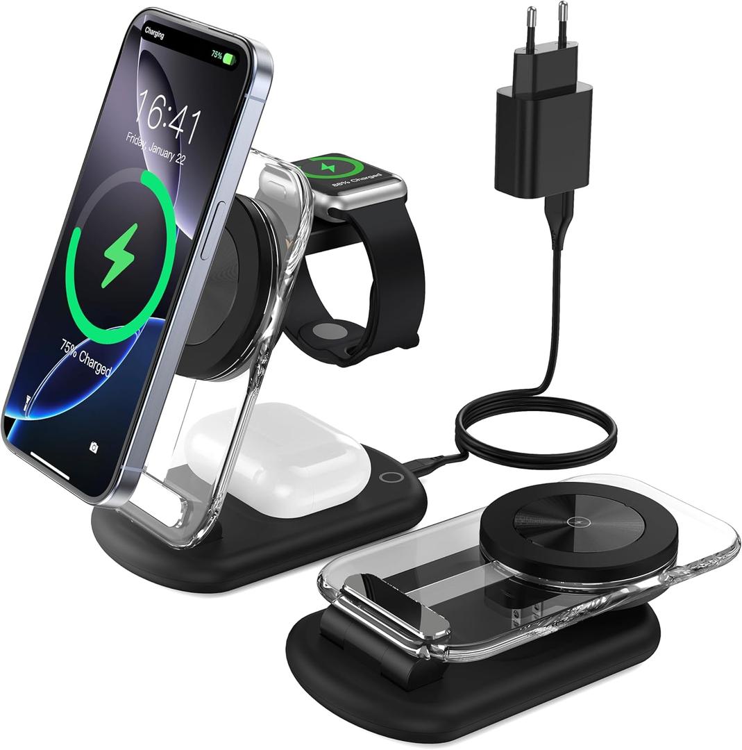 Mag Safe Charging Station, Wireless Charger, 3-in-1 Foldable Inductive Charging Station Apple Watch and iPhone 15 14 13, Travel Charging Station, iWatch Ultra 2/1/Series 9, AirPods