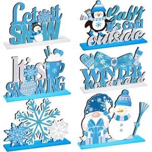 Shellwei 6 Pcs Winter Party Table Decorations Snowflake Snowman Wooden Centerpieces Winter Let It Snow Party Baby is Cold Outside Decoration for Christmas Baby Shower Supplies