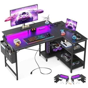 ODK 48 Inch Gaming Desk with USB Charging Ports and LED Lights, Reversible L Shaped Computer Desk with Storage Shelves & Monitor Stand, Corner Gamer Desk Table with Power Outlets, Black