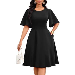 Nmoder Womens Wedding Guest Dress|A-Line Ruffle Flared Sleeve Summer Midi Dresses for Party Church Crewneck with Pockets, Size M