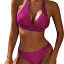 Women's Mid Rise Bikini Suit Halter Neck V Tie Push Up Front Classic Polka Dot Two Swimsuit, XS