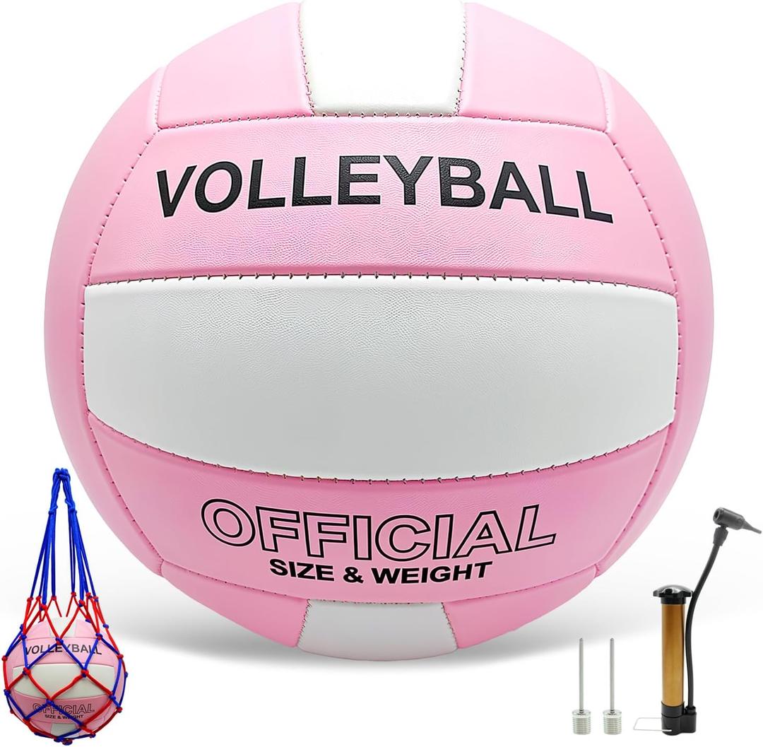 Volleyball Official Size 5 for Indoor Outdoor, Thicker PU Soft Volleyball Kit with Ball Pump for Adults Beach Game Gym Pool Training Play, Soft Touch (Pink White)