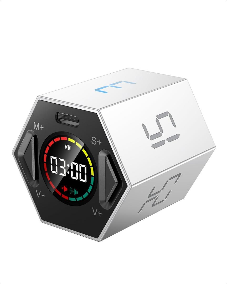Ticktime Pomodoro Timer, Productivity Timer Cube, 3/5/10/15/25/30 Min Presets, Custom Countdown & Stopwatch 1s99m59s, Sound/Vibration/Silent, Magnetic, Rechargeable, for ADHD Study Work, Gray