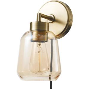 Globe Electric 51715 1-Light Plug-in or Hardwire Wall Sconce, Matte Brass, Smoked Amber Glass Shade, Black Fabric Cord, in-Line On/Off Switch, Bedroom, Living Room, Mounted Bedside Lamp