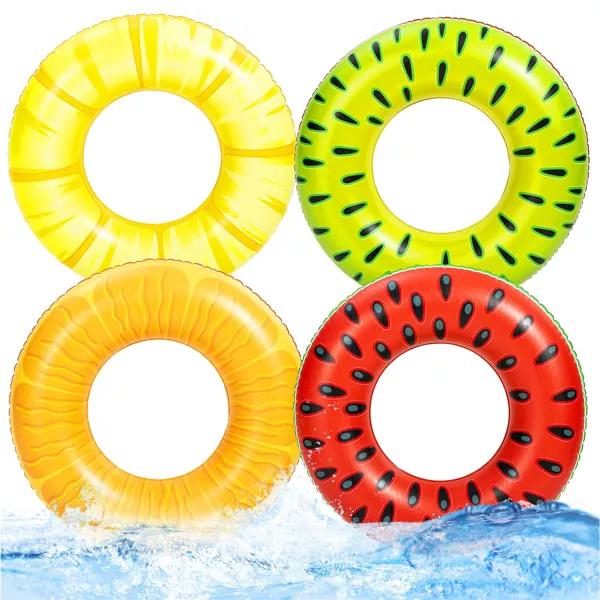 4PCS Fruit Pool Floats Watermelon Strawberry Orange Lemon Swimming Rings - Inflatable Tubes Floaties Toys for Kids Adults