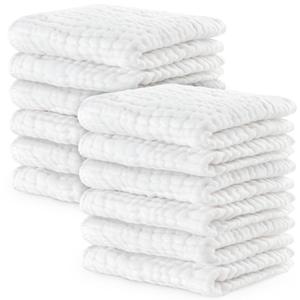 Muslin Baby Washcloths 10 Pack - Soft 6-Layer Cotton Wash Cloths for Sensitive Skin - 10"x10", Gentle, Absorbent Infant Essentials for Newborn and Toddlers - White