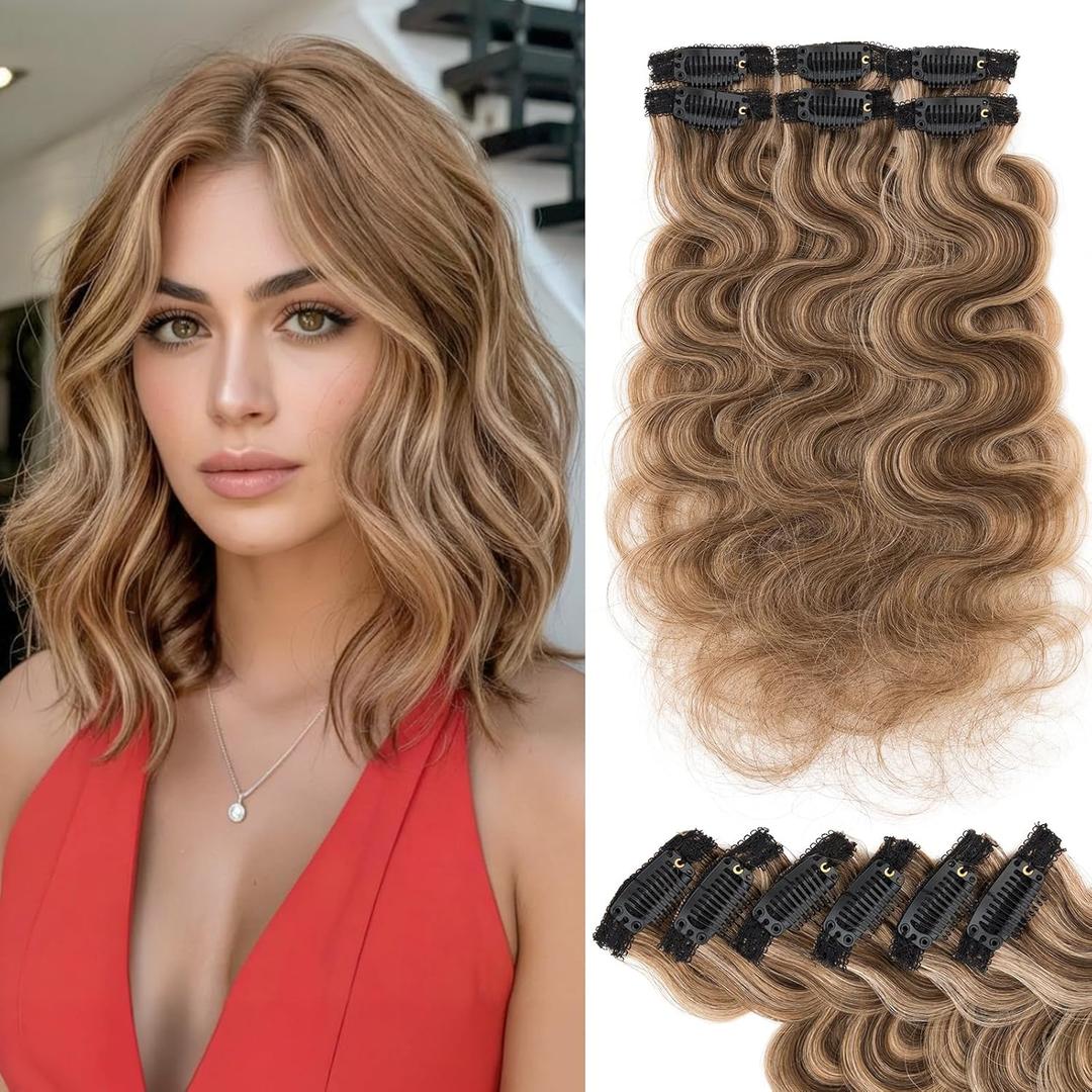 Short Hair Extensions Clip ins,S-noilite Short Clip in Hair Extensions Real Human Hair,Wavy Mini Hairpieces for Add Volume and Highlights,6 Pieces 31g 10 inch Medium Brown Mixed Dark Blonde