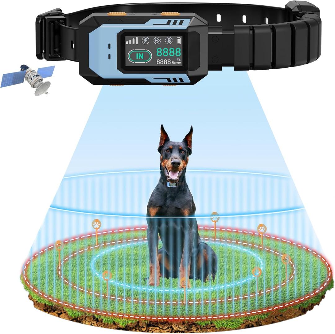 GPS Wireless Dog Fence System - Multifunctional Electric Fence for Large Dogs, Radius Range 100-9999ft, Training Collar with 8 Correction Modes, Perimeter Dog Collar for Large Yard/Outdoor Use Only (Blue)