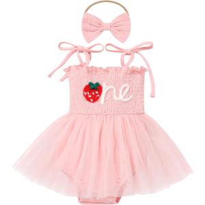 ODASDO Baby Girls First Birthday Outfit Photo Shooting Props Sleeveless Strap Tutu Princess Romper Dress Headband Set (Pink)