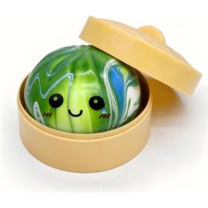 Green Marble Design Mystery Dumpling Squishies with Steamer Box, Soft Stretchy Bao Bun Stress Relief Balls, Sensory Fidget Squeeze Toys for Anxiety Relief, Decompression Desk Toys