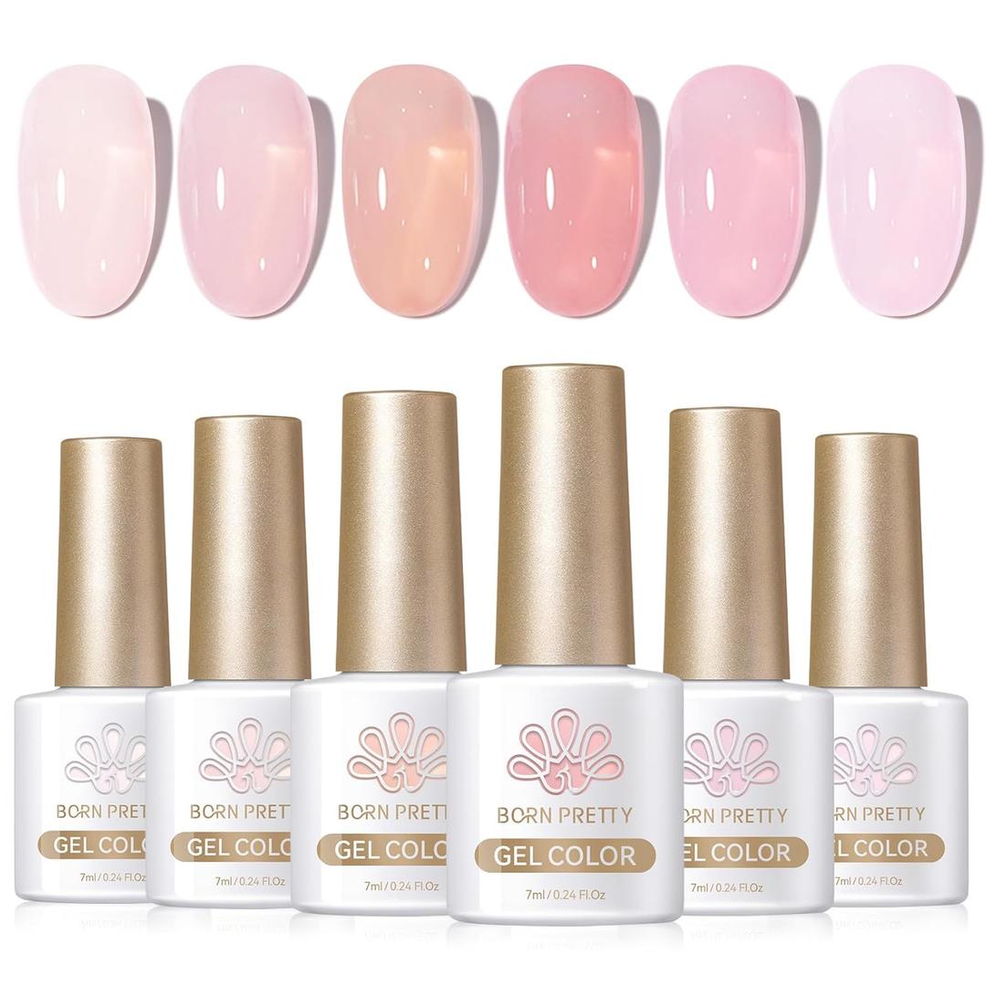 Born Pretty Jelly Pink Gel Nail Polish Nude Pink Sheer Translucent Valentine's Day Gel Polish Milky Natural Gel Polish Set Nail Art Manicure DIY Kit Home Salon 6 PCS