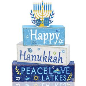 4 Pcs Hanukkah Table Decorations for Home Wooden Chanukah Decor Wooden Menorah Decoration Hanukkah Centerpiece Menorah Block Signs Gift Farmhouse Jewish New Year Decoration for Home