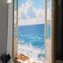 Framed Window Beach Scene Wall Art, Blue Ocean Vertical Coastal Canvas Painting Prints, Summer Seascape Wave Artworks for Living Room Entryway Hallway Office Wall Decor, 24x36 Inch
