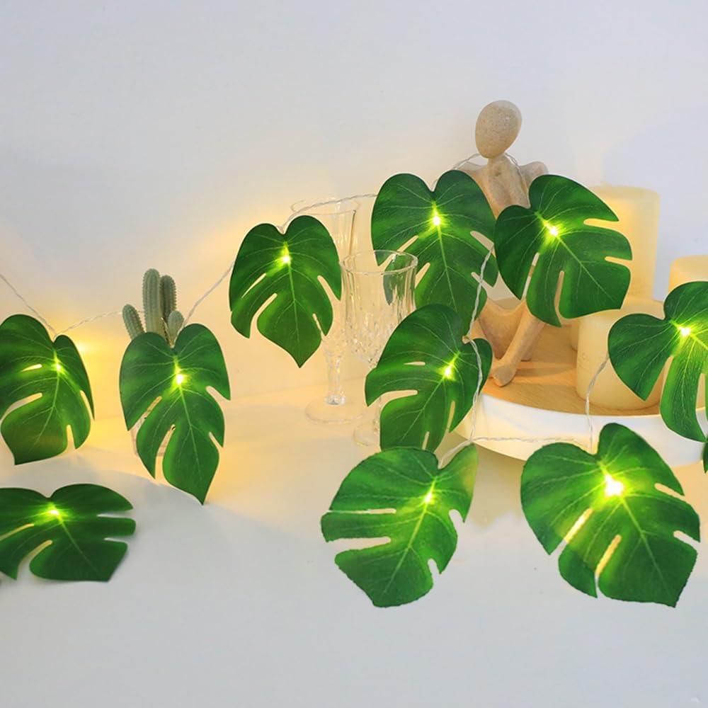 20 LED Palm Leaves String Lights, Tropical Artificial Monstera Leaf Wall Hanging Vine Leaf for Hawaiian Luau Party Jungle Theme Beach Birthday Home Decorations (A Monstera Leaf String Lights 1 Pcs) 