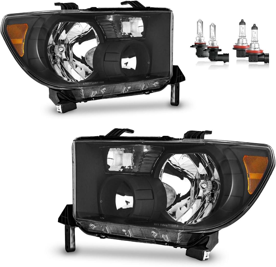 Headlights W/Bulbs for 2007-2013 Toyota Tundra, Fits 2008-2017 Sequoia (Fits 12-14 Sequoia Models WITHOUT Headlight Washer Only, NOT for models with leveling dial)