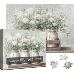 Aesthetic White Flower Vase Puzzles for Adults 1000 Pieces, Fantasy Plant Art Jigsaw Puzzle, Impossible Faith Bottle Puzzles (Soft Grace)