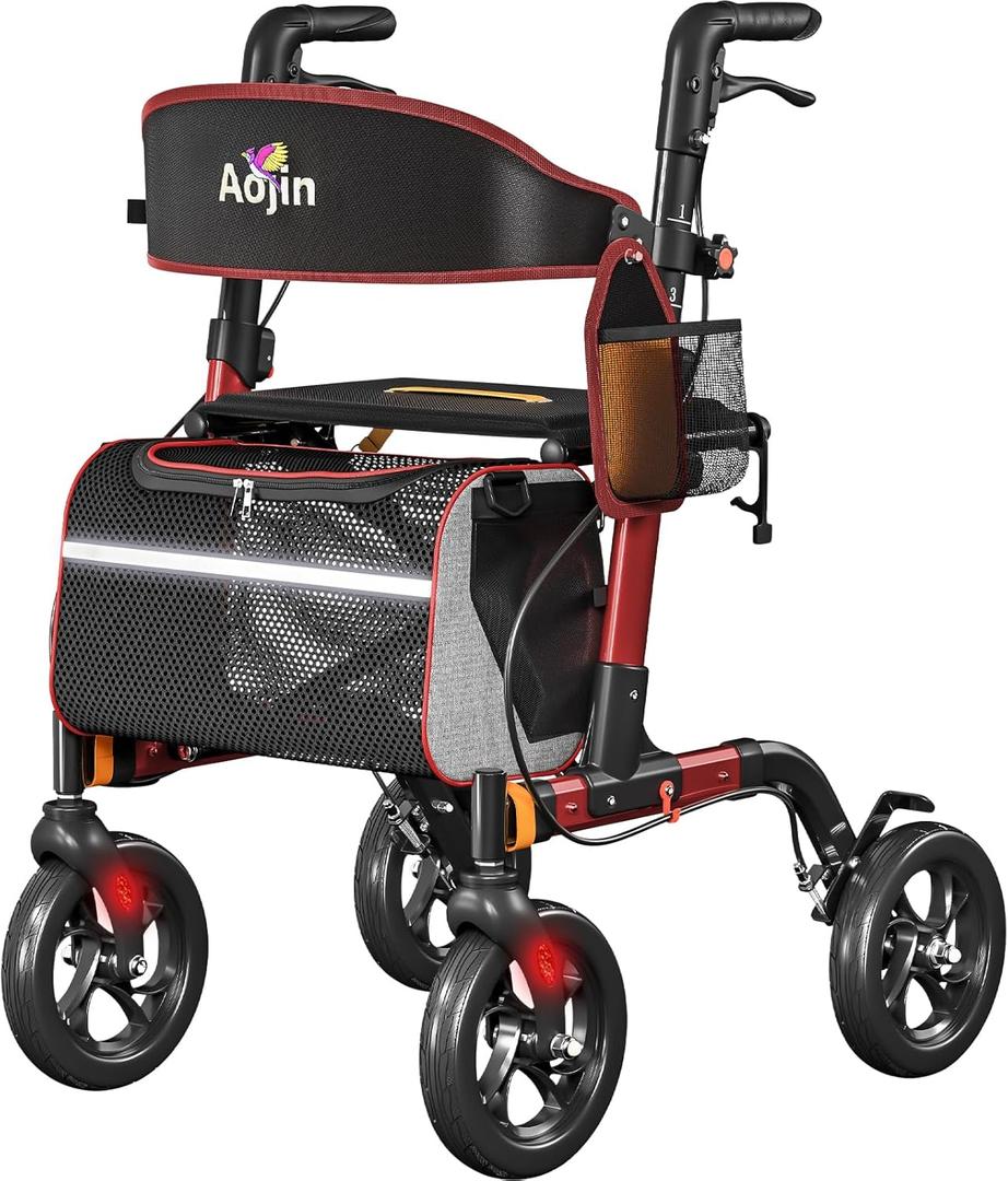 Walkers for Seniors, Rollator Walker with Seat, 350 lb Weight Capacity, 18" Big Seat, 8" All-Terrain Wheels, 6-Level Adjustable Height, Lightweight Aluminum Frame Rollator Walkers for Seniors (Red)