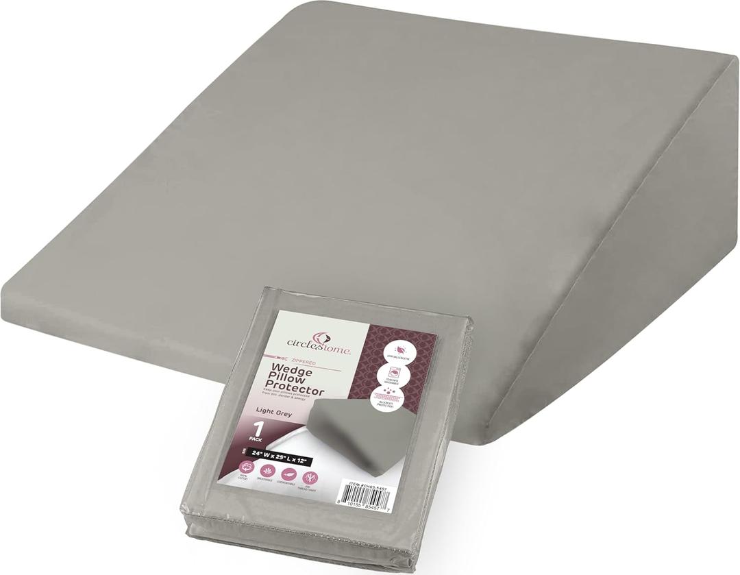 CirclesHome Wedge Pillow Cover 100% Cotton, Zippered Wedge Pillow Case Protector, Soft, Hypoallergenic & Breathable - Light Grey, (24Wx25Lx12)