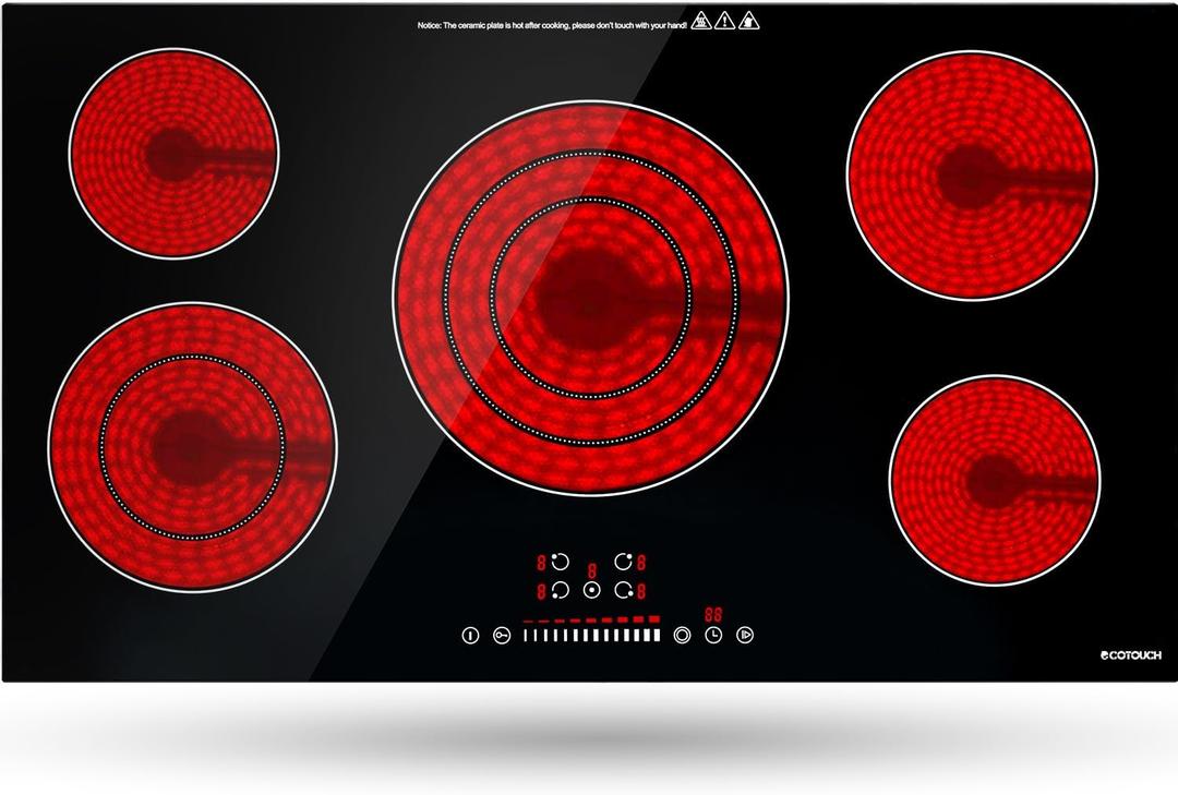 Electric Cooktop 36 Inch, ECOTOUCH Built-in Electric Cooktop 5 Burner Stove Top, 36" Radiant Stovetop with Kid Safety Lock, Timer, 9 Heating Level, 9600W, 220-240V for Hard Wire