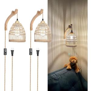 Frideko Wicker Wall Sconces Set of Two Plug in, Rattan Wall Lamp with Plug in Cord, Farmhouse Wall Light Fixtures with 9.84FT On/Off Switch Cord, Boho Sconces Wall Lighting for Bedroom Living Room (White(2PC))