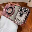 LXK Magnetic Stand for iPhone 17 Pro Max Case, [Compatible with Magsafe][Built-in Camera Lens Protector] Glitter Bling Card & Soft TPU Diamonds Bumper Protection Cover for Women Girls 6.9" Pink